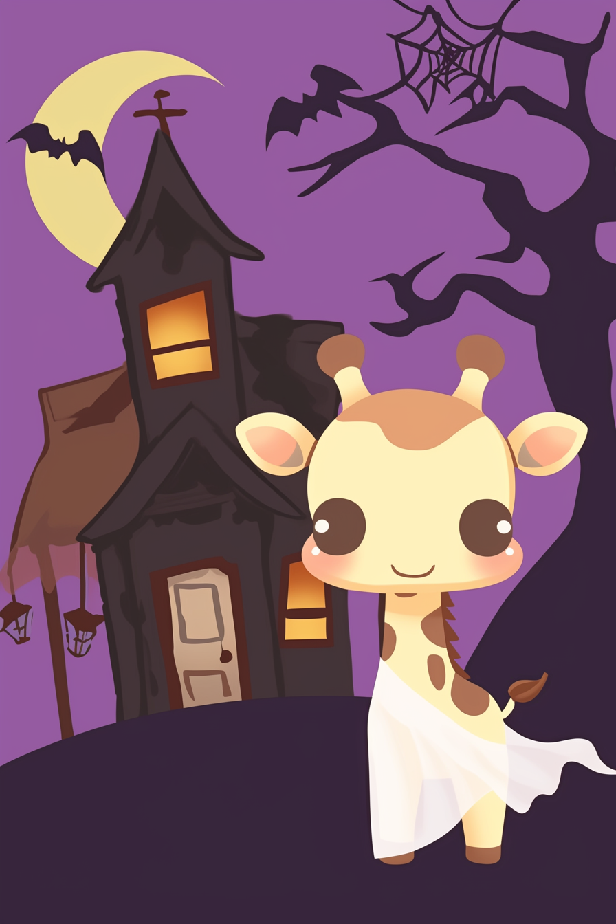 halloween cute animals drawings 2. A whimsical illustration featuring a giraffe dressed as a ghost, standing under a moonlit sky with a backdrop of a haunted house and flying bats.